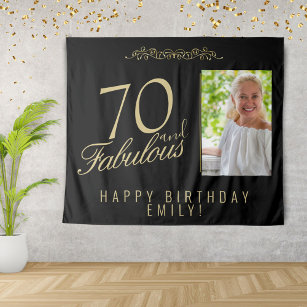 70 and Fabulous Birthday Photo Black Backdrop Tapestry