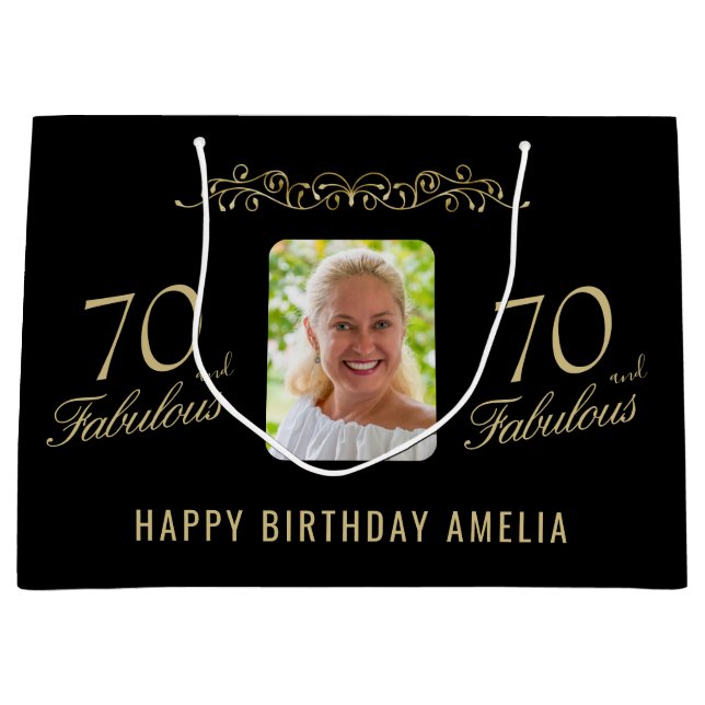 70 and Fabulous Black Ornament 70th Birthday Photo Large Gift Bag (Front)