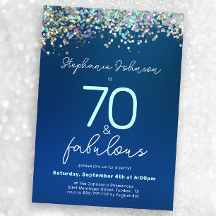 70 and Fabulous Blue Glitter 70th Birthday Party Invitation