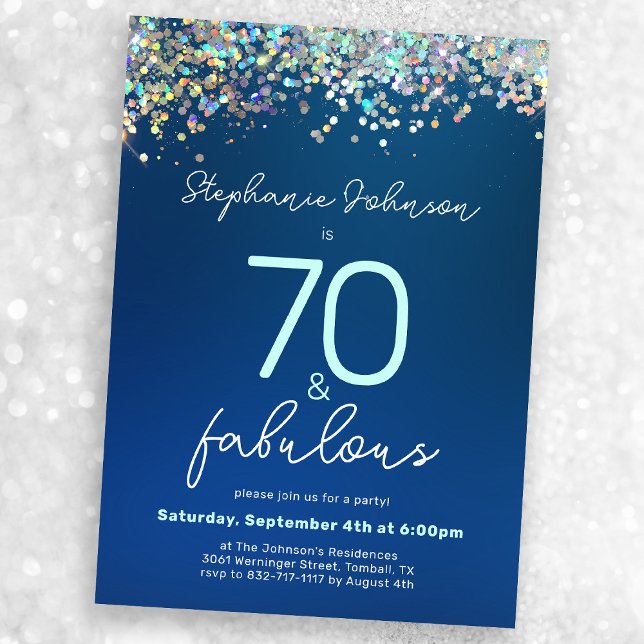 70 and Fabulous Blue Glitter 70th Birthday Party Invitation (Mock-up view)