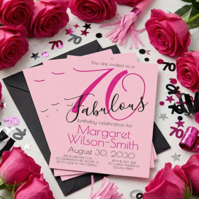 70 and Fabulous Blush Pink Black 70th Birthday Invitation (Creator Uploaded)