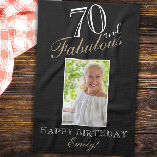70 and Fabulous Elegant 70th Birthday Photo Kitche Tea Towel