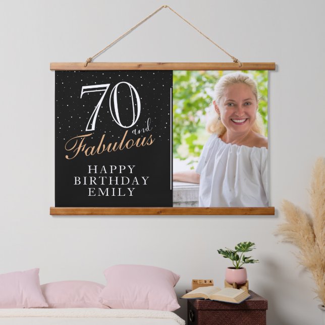 70 and Fabulous Elegant Black 70th Birthday Photo  Hanging Tapestry (Bedroom)