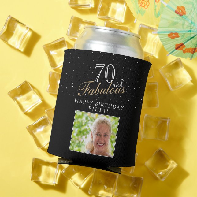 70 and Fabulous Elegant Black Photo 70th Birthday Can Cooler (In Situ Summer)