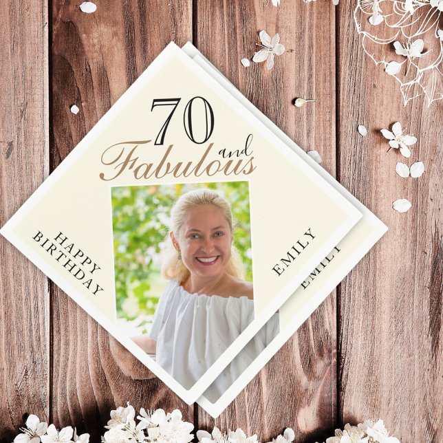 70 and Fabulous Elegant Script Photo 70th Birthday Napkin (Creator Uploaded)