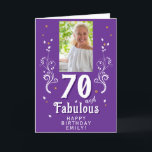 70 and Fabulous Foliage 70th Birthday Photo  Card<br><div class="desc">Purple 70 and Fabulous Foliage 70th Birthday Photo Card. 70 and fabulous text in trendy white script with a name and white foliage on a dark purple background. Personalize it with your photo,  your name and the age. Add your text inside the card or erase it.</div>
