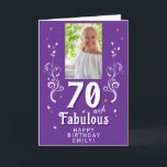 70 and Fabulous Foliage 70th Birthday Photo  Card<br><div class="desc">Purple 70 and Fabulous Foliage 70th Birthday Photo Card. 70 and fabulous text in trendy white script with a name and white foliage on a dark purple background. Personalize it with your photo,  your name and the age. Add your text inside the card or erase it.</div>