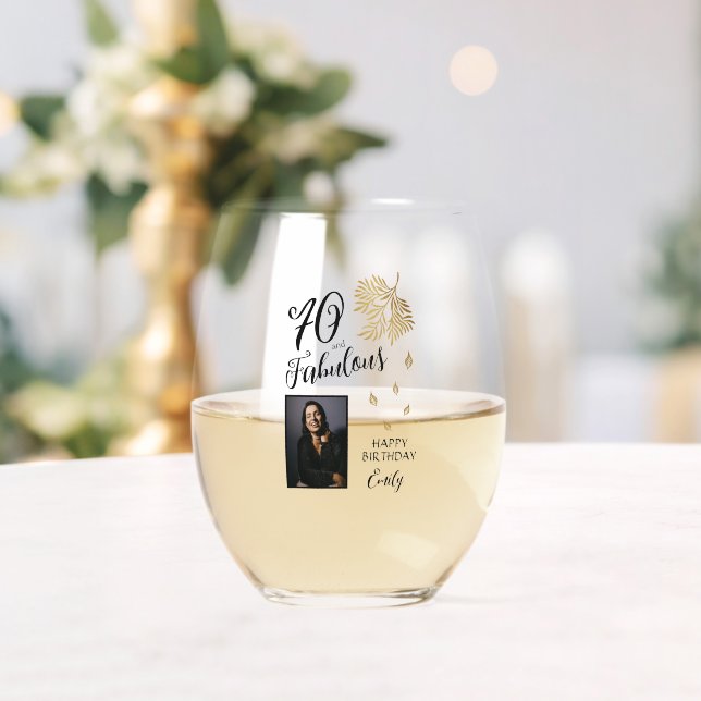 70 and Fabulous Foliage 70th Birthday Photo Stemless Wine Glass (Insitu (Wedding))