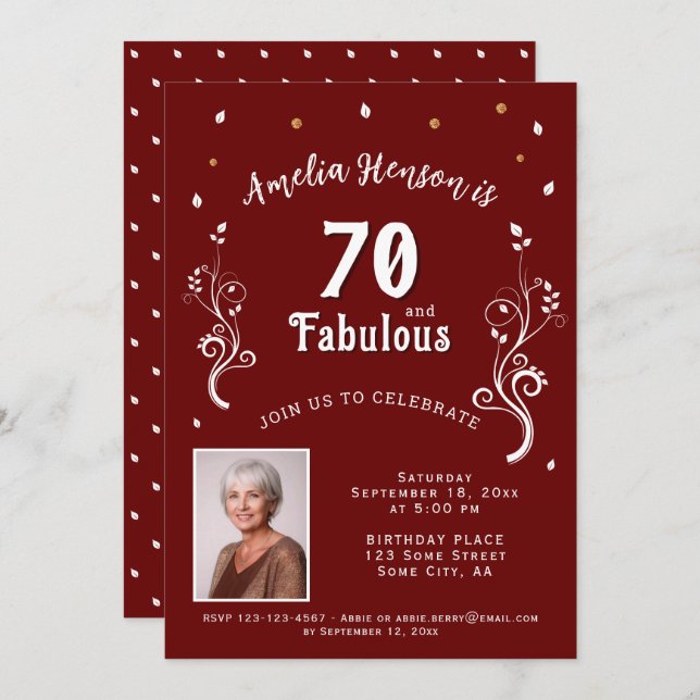 70 and Fabulous Foliage Red 70th Birthday Photo Invitation (Front/Back)