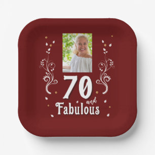 70 and Fabulous Foliage Red 70th Birthday Photo Paper Plate