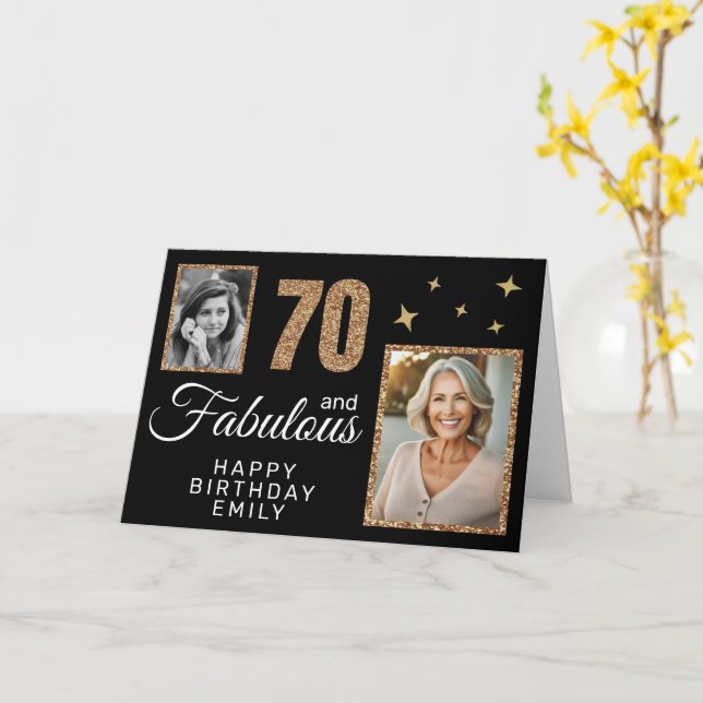 70 and Fabulous Gold Glitter 2 Photo 70th Birthday Card (Yellow Flower)