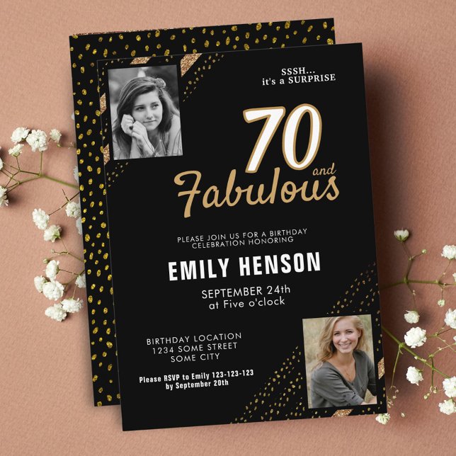 70 and Fabulous Gold Glitter 2 Photo 70th Birthday Invitation (Creator Uploaded)