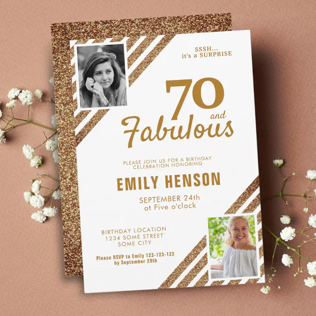 70 and Fabulous Gold Glitter 2 Photo 70th Birthday Invitation | Zazzle