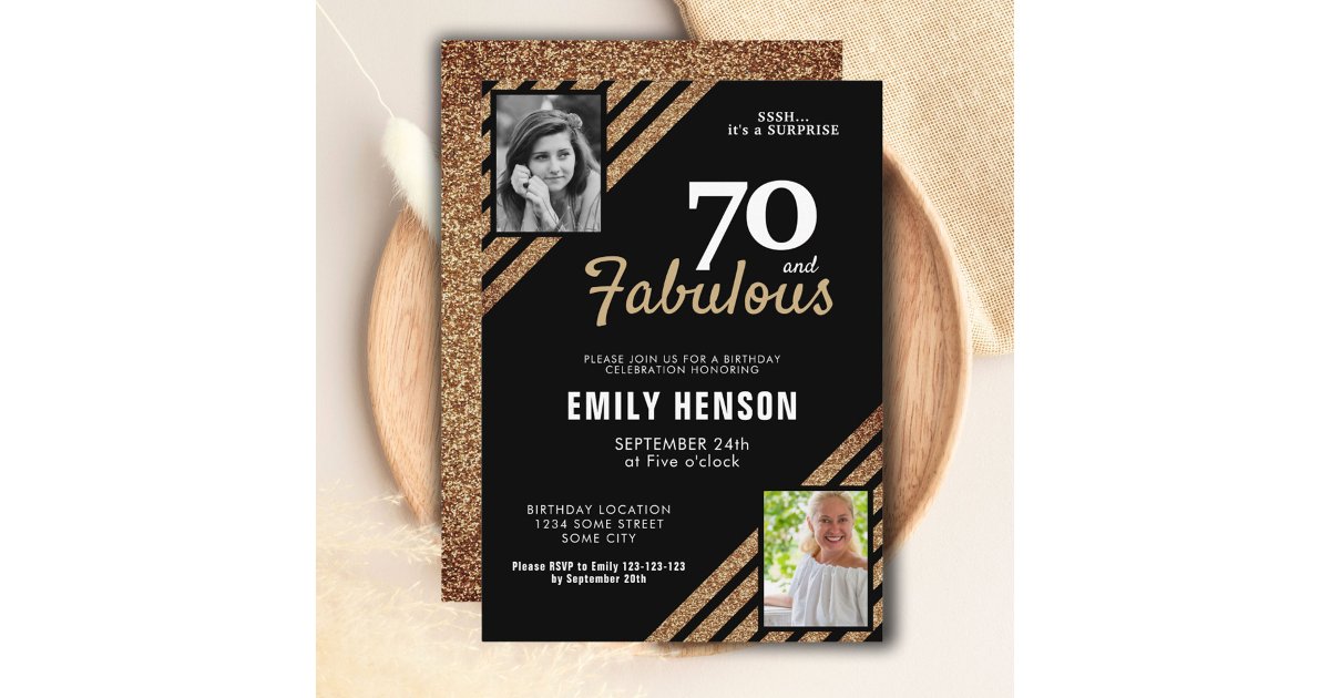 70 and Fabulous Gold Glitter 2 Photo 70th Birthday Invitation | Zazzle