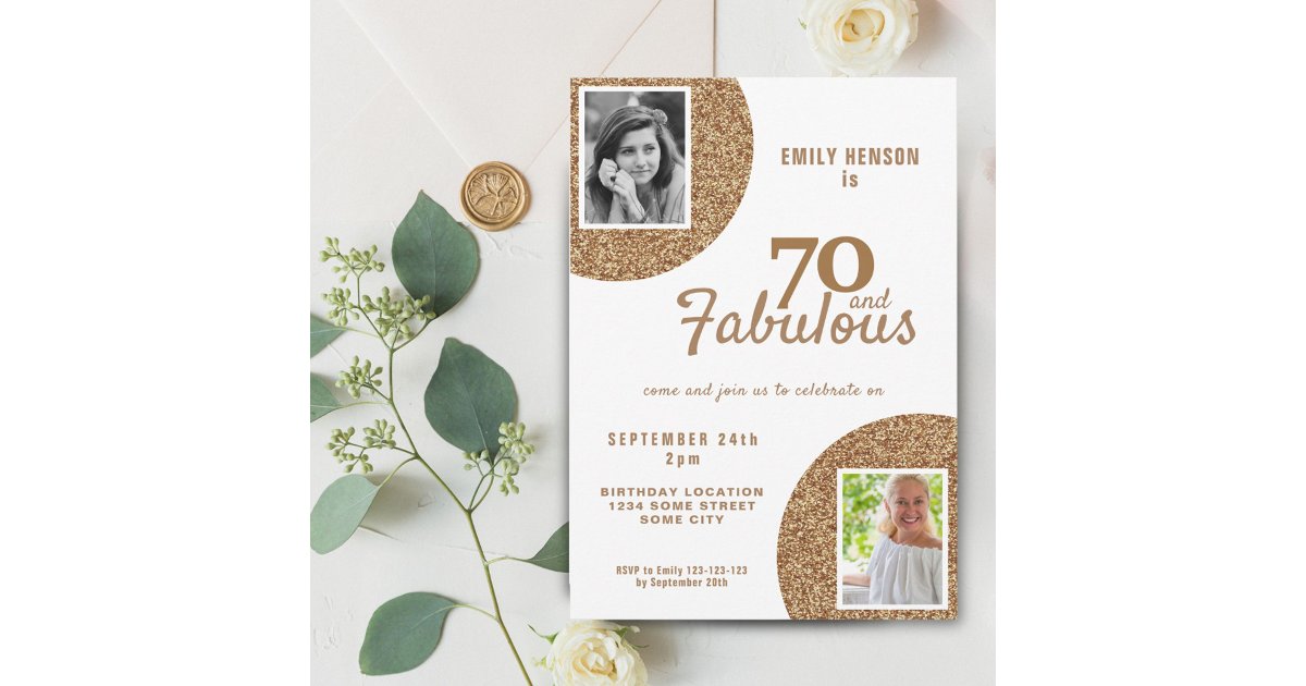 70 and Fabulous Gold Glitter 2 Photo 70th Birthday Invitation | Zazzle