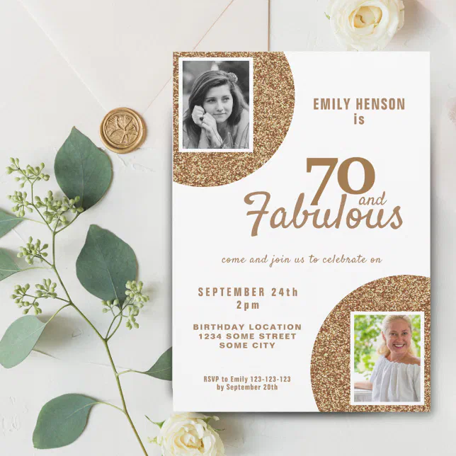 70 and Fabulous Gold Glitter 2 Photo 70th Birthday Invitation | Zazzle
