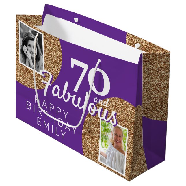 70 and Fabulous Gold Glitter 2 Photo 70th Birthday Large Gift Bag (Front Angled)