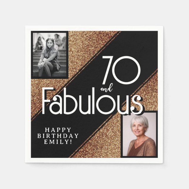 70 and Fabulous Gold Glitter 2 Photo 70th Birthday Napkin (Front)