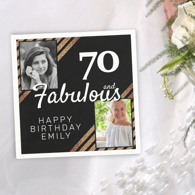 70 and Fabulous Gold Glitter 2 Photo 70th Birthday Napkin (Creator Uploaded)