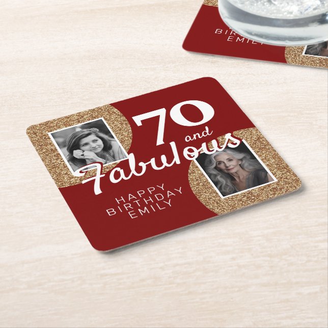 70 and Fabulous Gold Glitter 2 Photo 70th Birthday Square Paper Coaster (Angled)