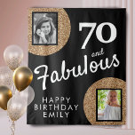 70 and Fabulous Gold Glitter 2 Photo 70th Birthday Tapestry<br><div class="desc">70 and Fabulous Gold Glitter 2 Photo 70th Birthday Tapestry. Faux gold glitter on black with 2 photos - you can use an old and a new photo. Add your name and age and make great,  elegant birthday backdrop for the milestone celebration.</div>