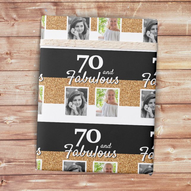 70 and Fabulous Gold Glitter 2 Photo 70th Birthday Wrapping Paper (Creator Uploaded)