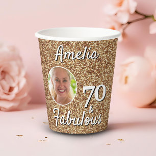 70 and Fabulous Gold Glitter 70th Birthday Photo Paper Cups