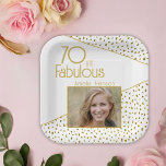 70 and Fabulous Gold Glitter Photo 70th Birthday Paper Plate<br><div class="desc">70 and Fabulous Gold Glitter Photo 70th Birthday Party Paper Plates. Modern design with trendy typography and faux gold glitter spots. The design has a custom photo and name. Make personalised 70th birthday party paper plates for her.</div>