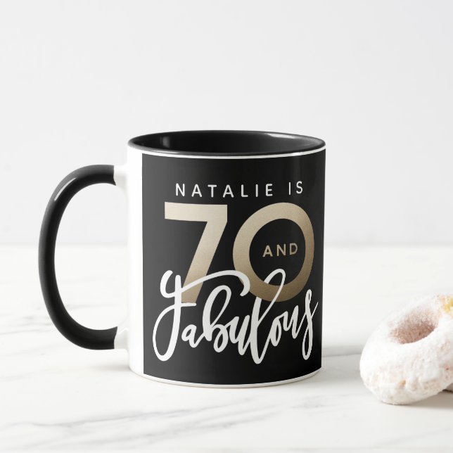 70 and fabulous gold metallic birthday mug (With Donut)