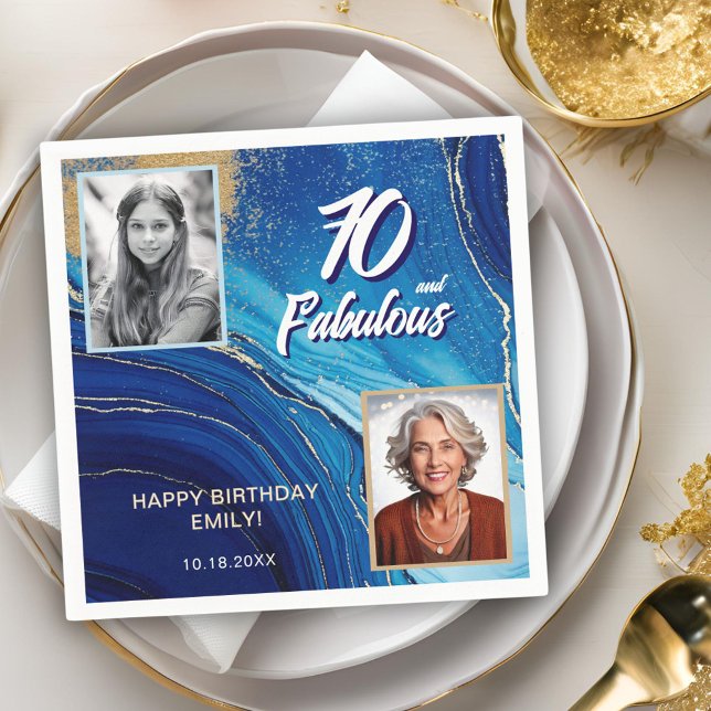 70 and Fabulous Marble Glitter 2 Photo Birthday Napkin (Creator Uploaded)
