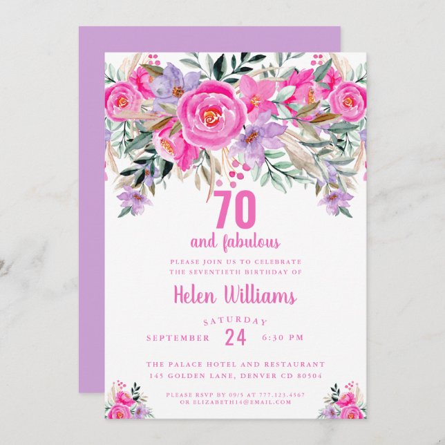 70 and fabulous pink 70th birthday invitation (Front/Back)