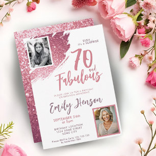 70 and Fabulous Pink Glitter 2 Photo 70th Birthday Invitation