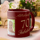 70 and Fabulous Red Ornament 70th Birthday Photo Mug<br><div class="desc">Elegant Red 70 and Fabulous Ornament 70th Birthday Photo Mug. 70 and fabulous text in trendy golden script and an elegant ornament on a dark red background. Personalise it with your name,  your age and photo and make personalised elegant birthday mug.</div>