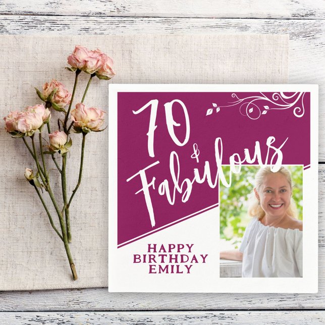70 and Fabulous Script Photo Magenta 70th Birthday Napkin (Creator Uploaded)