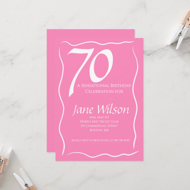 70 and Sensational Pink Birthday Invitation (Front/Back In Situ)