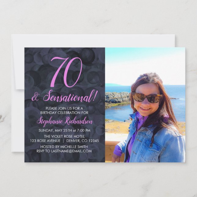 70 and Sensational Pink Black Photo Birthday Invitation (Front)