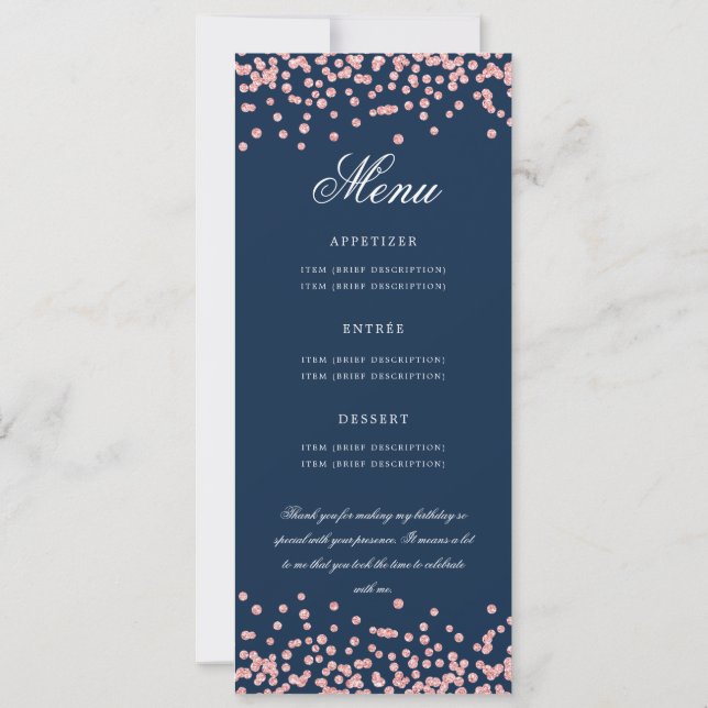 70 Birthday Program Menu Thanks Rose Gold Navy Blu (Back)