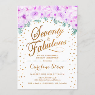 70 Fabulous Birthday Party - White Gold Purple Invitation