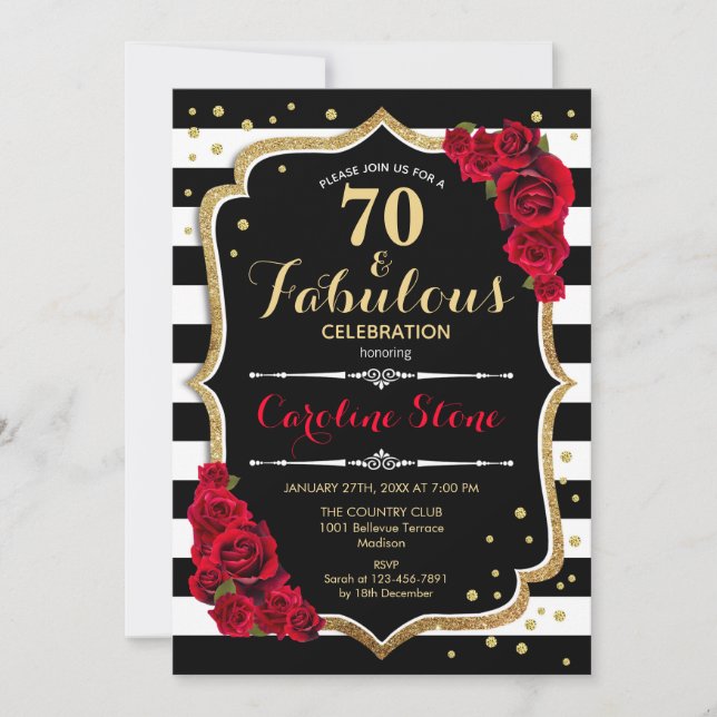 70 Fabulous Birthday -  Roses Black White Stripes Invitation (Front)