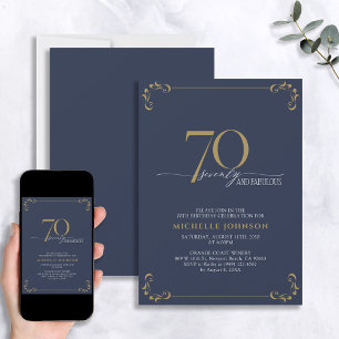 70 & Fabulous Blue & Gold Calligraphy Birthday Invitation