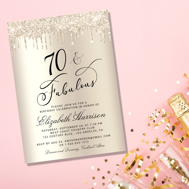 70 Fabulous Gold Glitter 70th Birthday Party Invitation (Celebrate her 70 years of sparkle with an elegant gold glitter birthday party invitation  🎉 🎂 🥂)