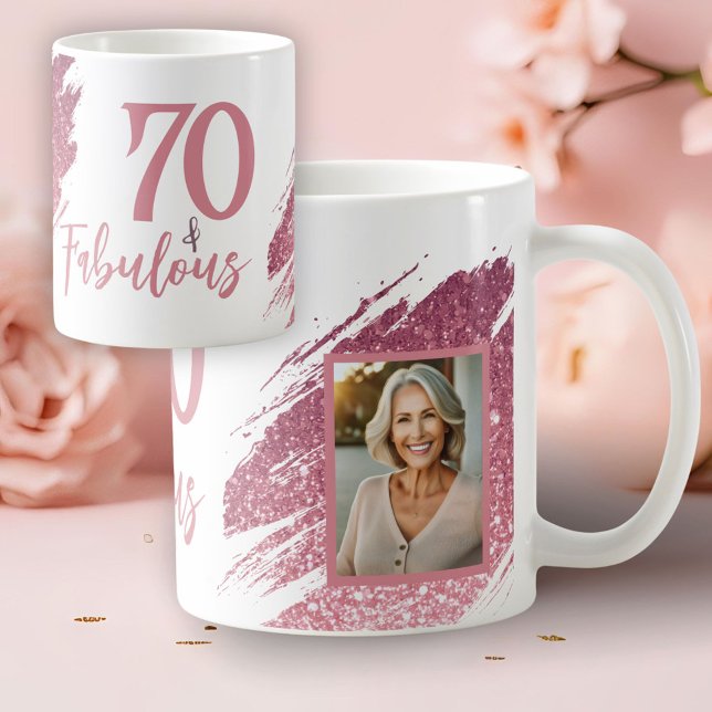 70 & Fabulous Pink Glitter 2 Photo 70th Birthday Coffee Mug (Creator Uploaded)