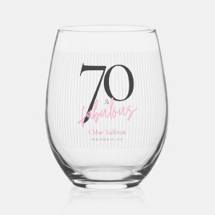 70 & Fabulous Pink Script Birthday Party Stemless Wine Glass