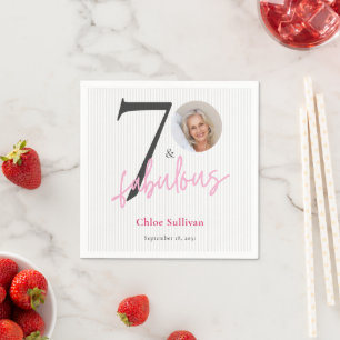 70 & Fabulous Pink Script Photo Birthday Party Napkin