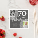 70 & Fabulous Silver Glitter 2 Photo 70th Birthday Napkin<br><div class="desc">70 & Fabulous Silver Glitter 2 Photo 70th Birthday Party Napkins. Celebrate a special milestone with these one-of-a-kind 60th birthday party napkins! These chic napkins feature old and new photos, faux silver glitter, and 60 and Fabulous text for a truly unique look. Perfect for any birthday party. Add your photos...</div>