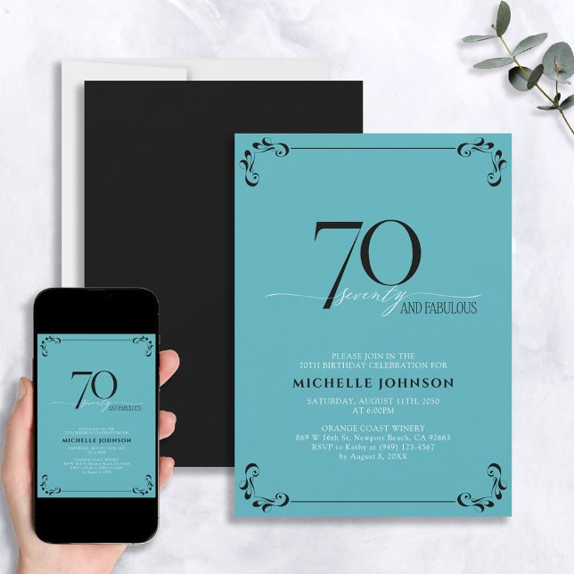 70 & Fabulous Turquoise Black & White Birthday Invitation (Creator Uploaded)