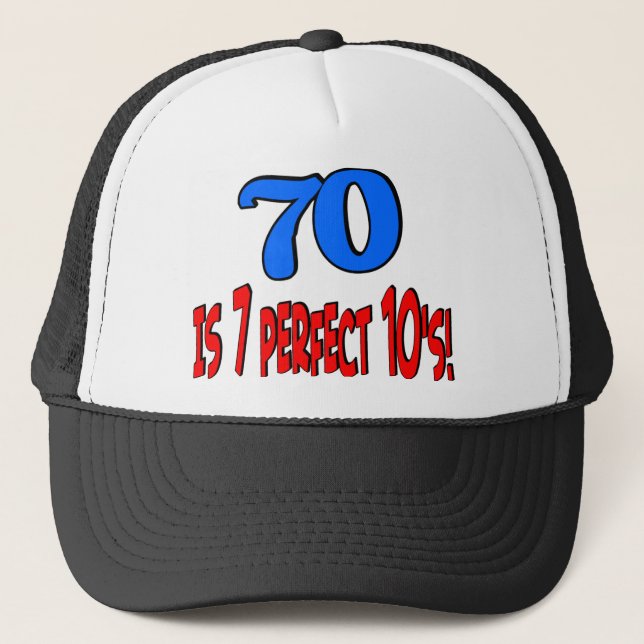 70 is 7 perfect 10's  (BLUE) Trucker Hat (Front)