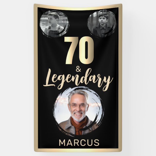 70 & Legendary 3 Photos 70th Birthday Gold Banner (Vertical)