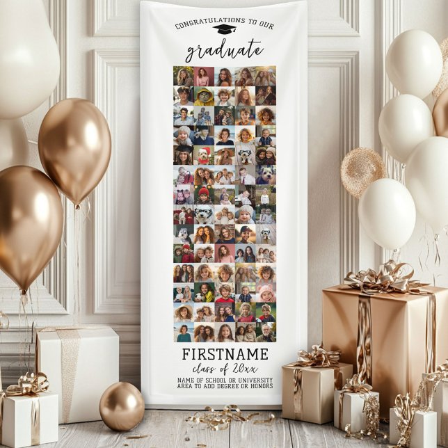 70 Photo Collage Graduation Modern Minimal White Banner (Custom Graduation Banner - Great for a backdrop or Grad Party Decoration)