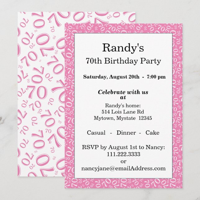 70 Random Number Pattern Pink/White 70th Invitation (Front/Back)
